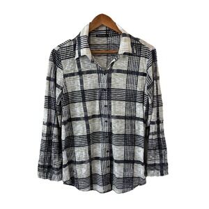 David Cline Crushed Plaid Snap Front Top Womens L Roll Sleeve Sage Contemporary